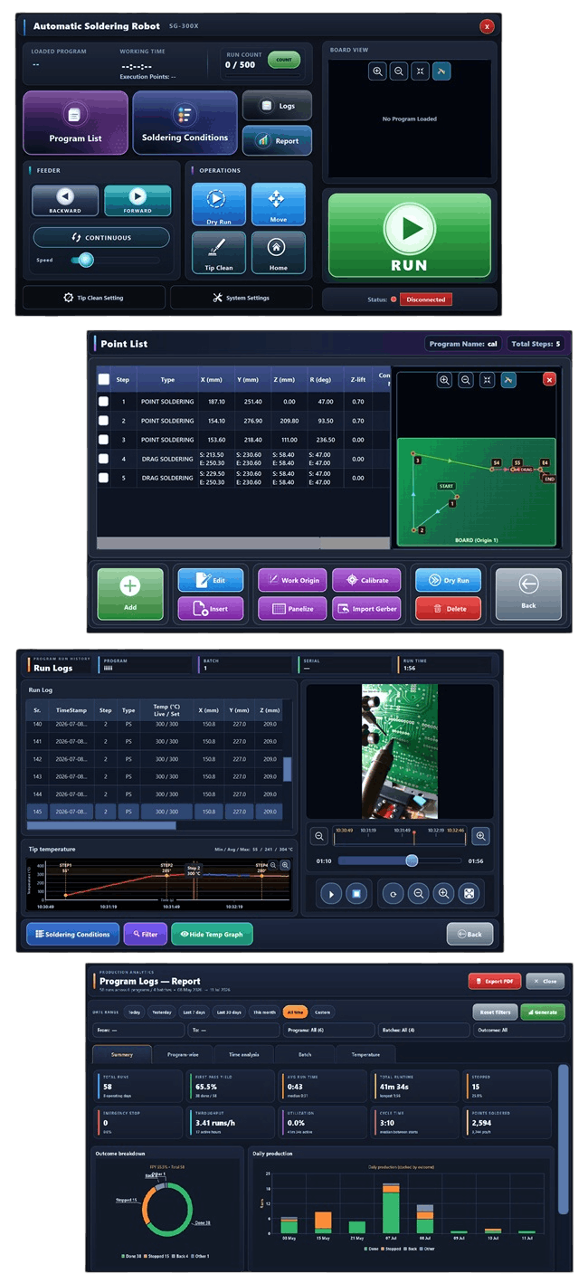 Software interface of automatic PCB soldering machine on desktop